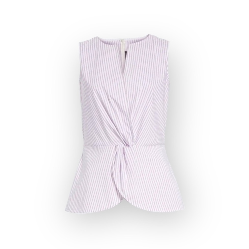 new St John ❉ Pinstripe Twist Front Peplum Top ❉ Orchid Stripe Chain Detail ❉ M - Picture 11 of 16